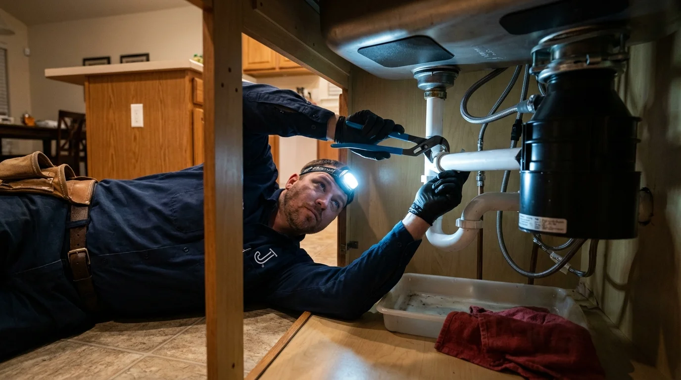 P-trap and supply line connections under a kitchen sink showing a common leak point in Mount Kisco, NY